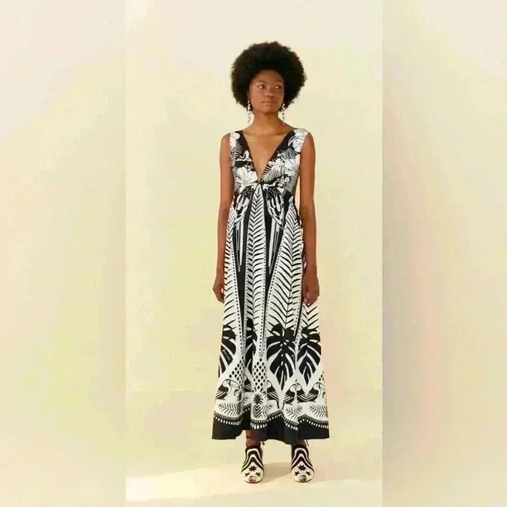 FARM Rio Macaw Black & White Cotton Backless Maxi Dress - Tropical Print